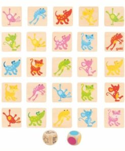 Juego Atrapa la carta de Goki: veinticinco cartas de madera con animales de cinco colores y los dos dados