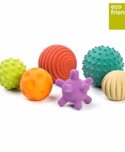 Six natural rubber sensory balls in different textures and colors.