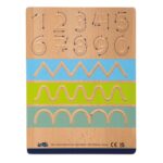 Cara de números del 1 al 10 con trazos en zigzag, ondas y arcos de colores en la pizarra de madera