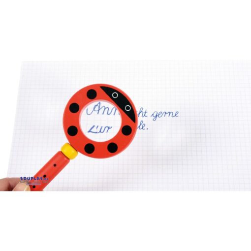 Wooden magnifying glass shaped like a ladybug, magnifying handwritten text