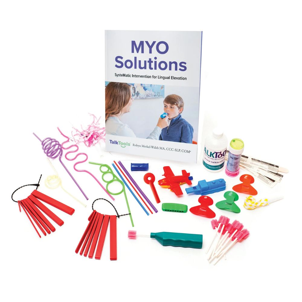 Programa de Terapia Miofuncional - MyoSolutions TalkTools Programa MyoSolutions de TalkTools: libro con bloques de mordida, pajitas, trompetas, flautas nasales y pompas