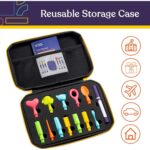 Estuche con cremallera del kit Buzz Buddy abierto, con iconos de uso en casa, colegio y viajes