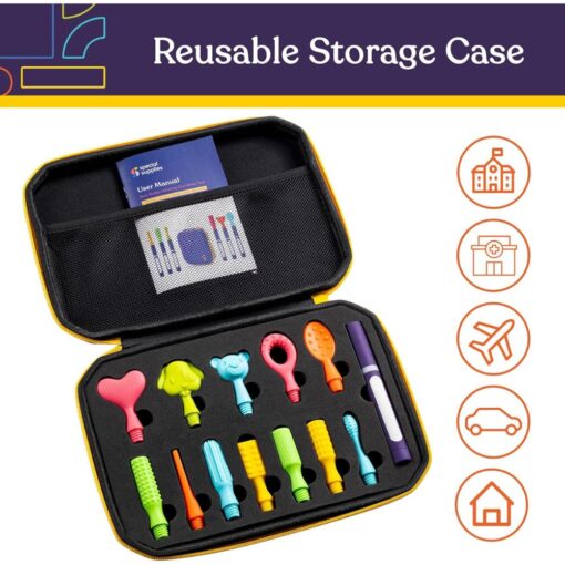 Estuche con cremallera del kit Buzz Buddy abierto, con iconos de uso en casa, colegio y viajes