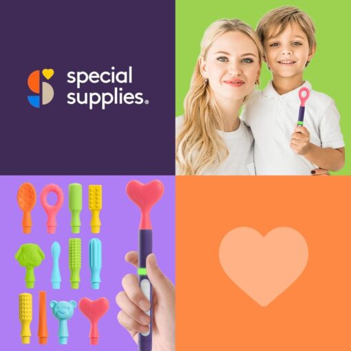 Collage de Special Supplies con una madre y su hijo, los cabezales del Buzz Buddy y un corazón