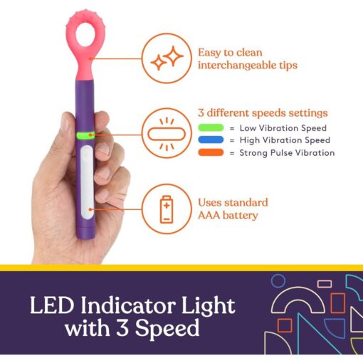 Mango del Buzz Buddy en la mano: indicador LED, 3 velocidades de vibración y pila AAA estándar