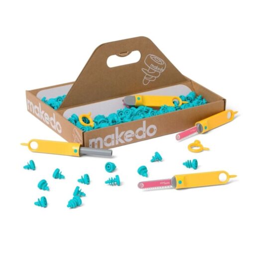 Makedo Discover: la caja convertida en bandeja con herramientas y tornillos, herramientas seguras para cartón