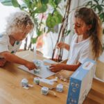 Kit eléctrico Kidyelec de Kidywolf: las niñas probando el circuito con la caja al lado