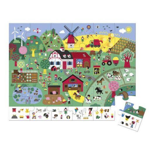 Puzzle de observación La granja de Janod: puzle montado con la cenefa de elementos para buscar