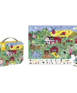 Puzzle de observación La granja de Janod: maletín con asa junto al puzle de la granja montado