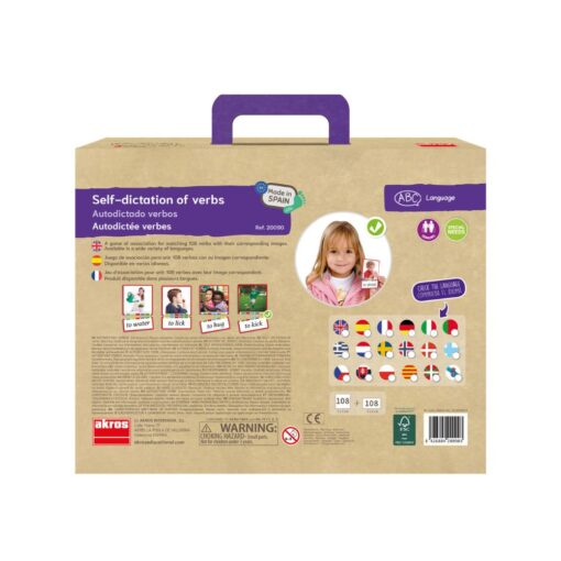 Parte trasera de la caja del Autodictado de verbos de Akros con ejemplos del material y sus idiomas