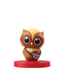 Figura del búho Olivia para cuentacuentos FABA, con la bandera británica, para escuchar inglés