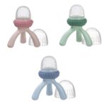 Alimentador de silicona para bebés b.box en tres colores, con la bolsa perforada visible