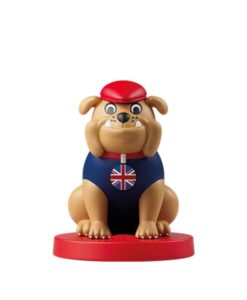 Figura del bulldog de Canta y aprende inglés para cuentacuentos FABA, con gorra roja y bandera británica