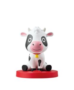 Figura de la vaca de Dando saltos por el mundo para cuentacuentos FABA, blanca y negra sobre peana roja