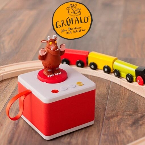 Red FABA children's storytime set featuring The Gruffalo, on a wooden floor next to a toy train