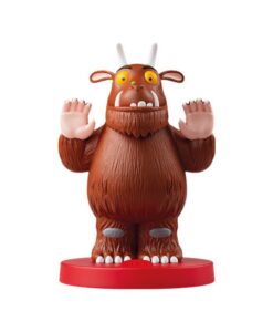 Figura del Grúfalo para cuentacuentos FABA: monstruo marrón con cuernos y colmillos, sobre peana roja