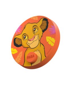 Disco sonoro de El Rey León para cuentacuentos FABA, ilustrado con Simba sobre fondo naranja