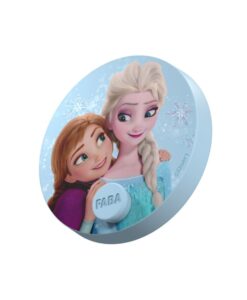 Disco sonoro de Frozen para cuentacuentos FABA, ilustrado con Elsa y Anna sobre fondo azul de hielo