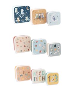 Pack de 3 cajas de almuerzo apilables: los tres diseños: búhos, flores y hojas, y letras y números