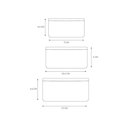 Pack de 3 cajas de almuerzo apilables: dibujo con las medidas de las tres cajas: 9, 10,5 y 12 cm