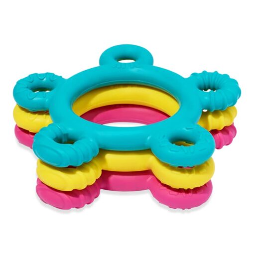 Tres mordedores Donut de ARK apilados, en turquesa, amarillo y rosa, con las texturas de los aros a la vista