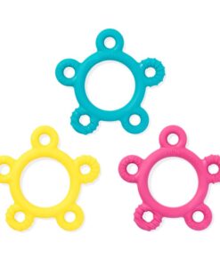 Mordedor Donut de ARK para bebé en tres colores: anillos turquesa, amarillo y rosa con cinco aros texturizados