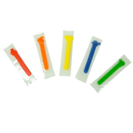 Depresores linguales infantiles de plástico de colores envasados de uno en uno en bolsitas transparentes