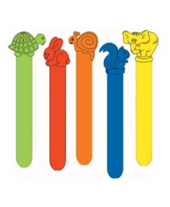 Cinco depresores de plástico pediátricos de Gima de colores con tortuga, conejo, caracol, ardilla y elefante