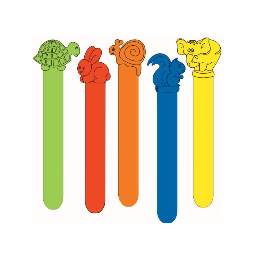 Depresores de plástico pediátricos Cinco depresores de plástico pediátricos de Gima de colores con tortuga, conejo, caracol, ardilla y elefante