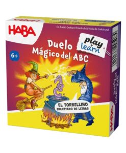Caja del juego Duelo mágico del ABC de HABA con la bruja y el mago junto al caldero de letras encantadas