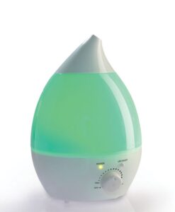 Humidificador ultrasónico Humi-Rainbow de CA-MI con forma de gota, encendido con luz verde y la rueda del caudal