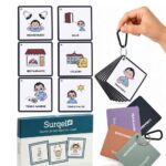Llavero de comunicación visual Surqel: tarjetas de pictogramas unidas por anillas a un mosquetón junto a su caja