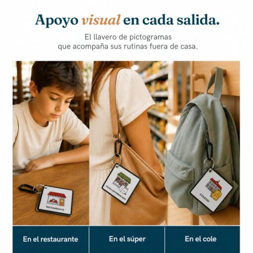 El llavero de pictogramas Surqel colgado de una mochila y usado en un restaurante, el súper y el colegio