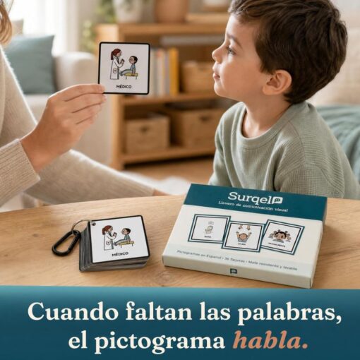 Adulta enseñando una tarjeta del llavero de pictogramas Surqel a un niño sentado a la mesa
