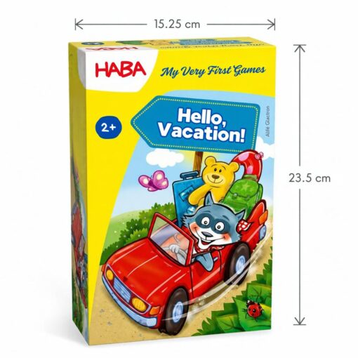 Hello, Vacation! de HABA: caja de 15,25 × 23,5 cm con el mapache al volante, juego de colores para niños de 2 años
