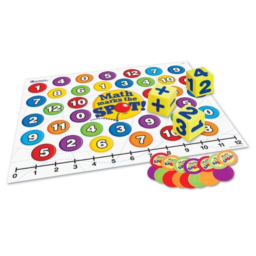 Alfombra de matemáticas Math Marks the Spot con los dados de espuma y las fichas marcadoras de colores