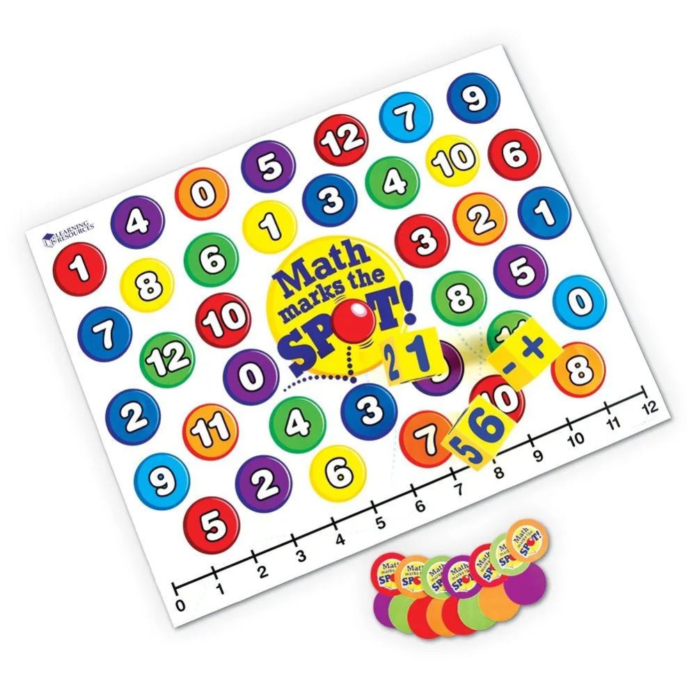 Math Marks the Spot Activity Set Alfombra Math Marks the Spot con números del 0 al 12 en círculos de colores, recta numérica, dados y fichas