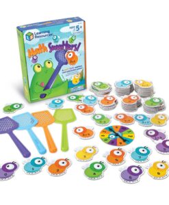 Caja de Mathswatters de Learning Resources con los matamoscas de colores, las moscas de números, los dados y la ruleta