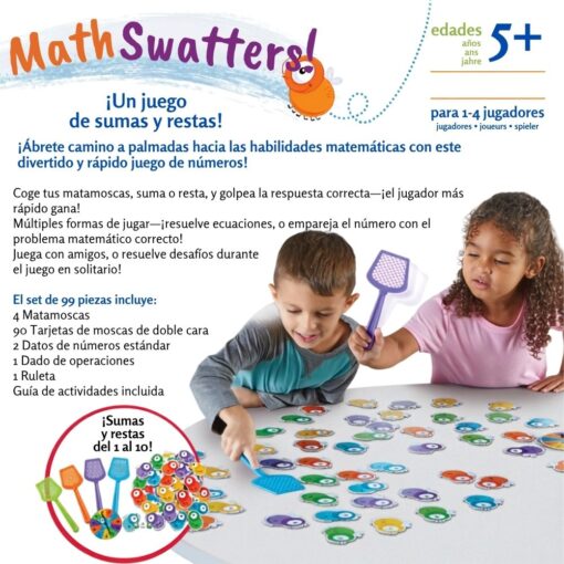 Trasera de la caja en español de Mathswatters con la explicación del juego y el contenido de 99 piezas