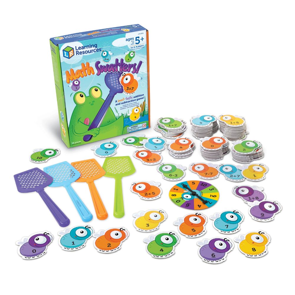 Mathswatters - Addition & Subtraction Game Caja de Mathswatters de Learning Resources con los matamoscas de colores, las moscas de números, los dados y la ruleta