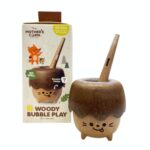 Pompero antiderrames Woody: caja Woody Bubble Play junto al pompero con su varita