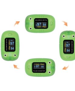 Pantalla del pulsioxímetro infantil girada en sus cuatro orientaciones, marcando 97 % de SpO2 y 84 bpm