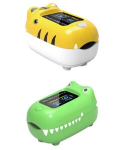 Pulsioxímetro pediátrico Gima OXY-0 en sus dos modelos: carcasa de tigre amarillo y de cocodrilo verde