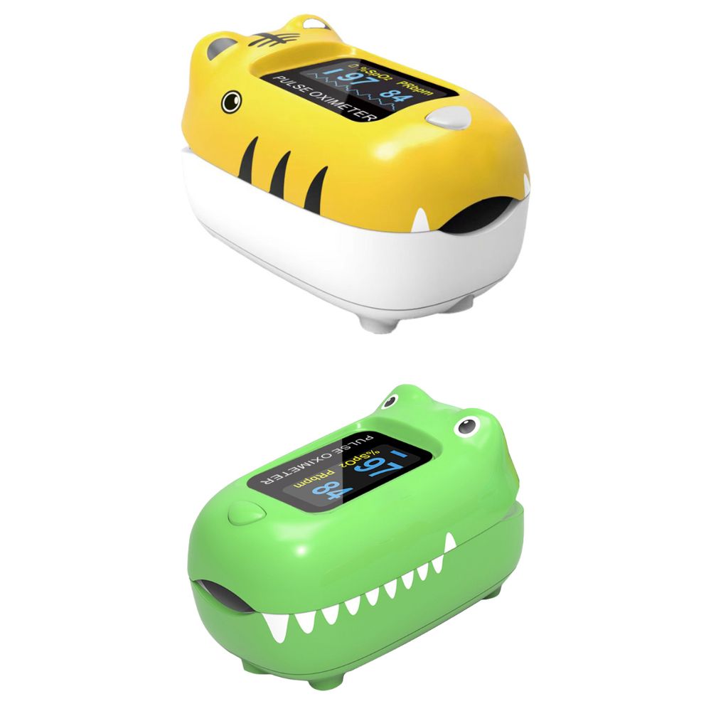 Pulsioximetro pediátrico Pulsioxímetro pediátrico Gima OXY-0 en sus dos modelos: carcasa de tigre amarillo y de cocodrilo verde