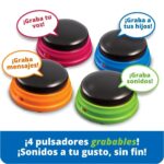 Cuatro pulsadores grabables de colores con bocadillos: graba tu voz, graba mensajes, graba sonidos