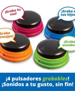 Cuatro pulsadores grabables de colores con bocadillos: graba tu voz, graba mensajes, graba sonidos