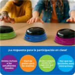 Niños en clase pulsando los pulsadores grabables; textos: anima a los tímidos y fácil para manos pequeñas
