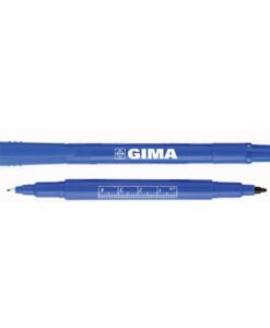 Rotulador dermográfico azul de Gima abierto, con la punta normal para la piel y la punta fina para etiquetas