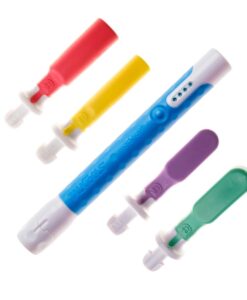 Kit Sensi Bite Tube con el estimulador vibratorio Sensi en azul y sus cuatro cabezales para morder alrededor