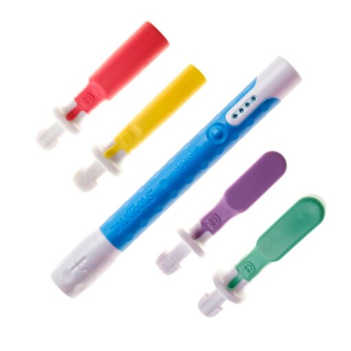 Kit Sensi Bite Tube con el estimulador vibratorio Sensi en azul y sus cuatro cabezales para morder alrededor